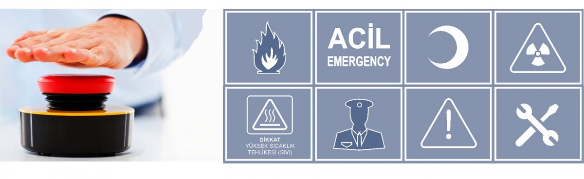 Acil durum butonu ve yangın, sağlık, güvenlik, teknik arıza simgeleri